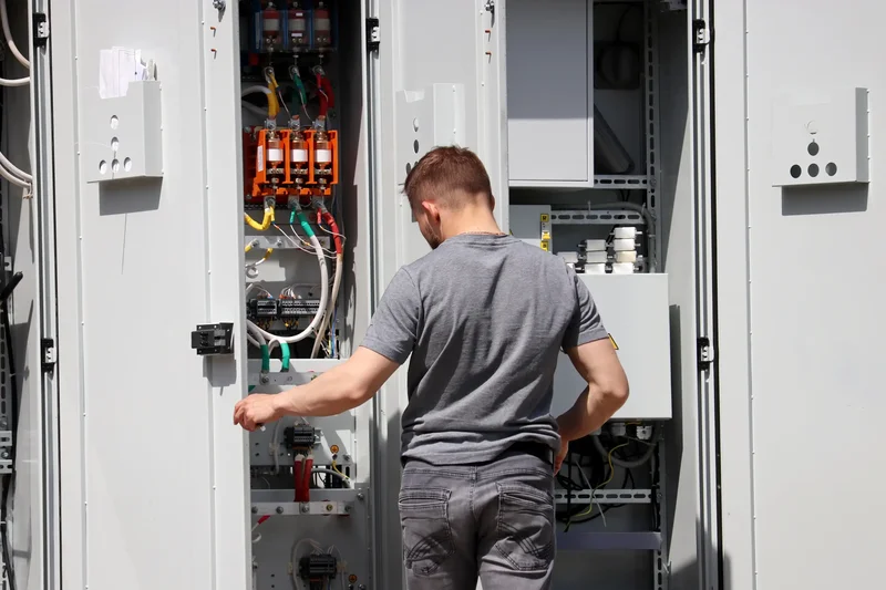RI electrician standing in front of a large 200 amp panel studying the wiring