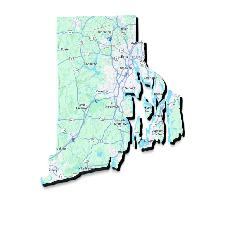 3d image map of the state of Rhode Island with the city of Smithfield highlighted to reflect the target geographical area for hiring Smithfield Electricians